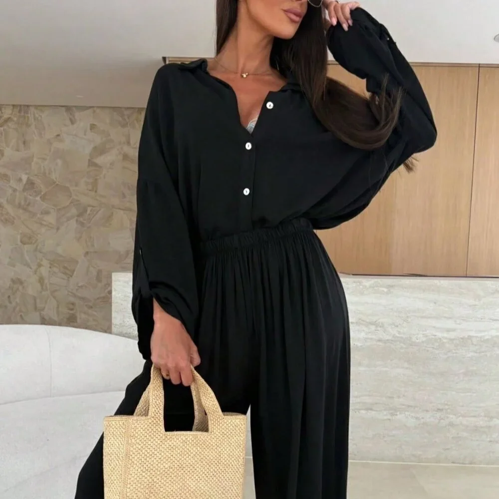 Black Casual Women's Front Button Loose Shirt & Pants Set